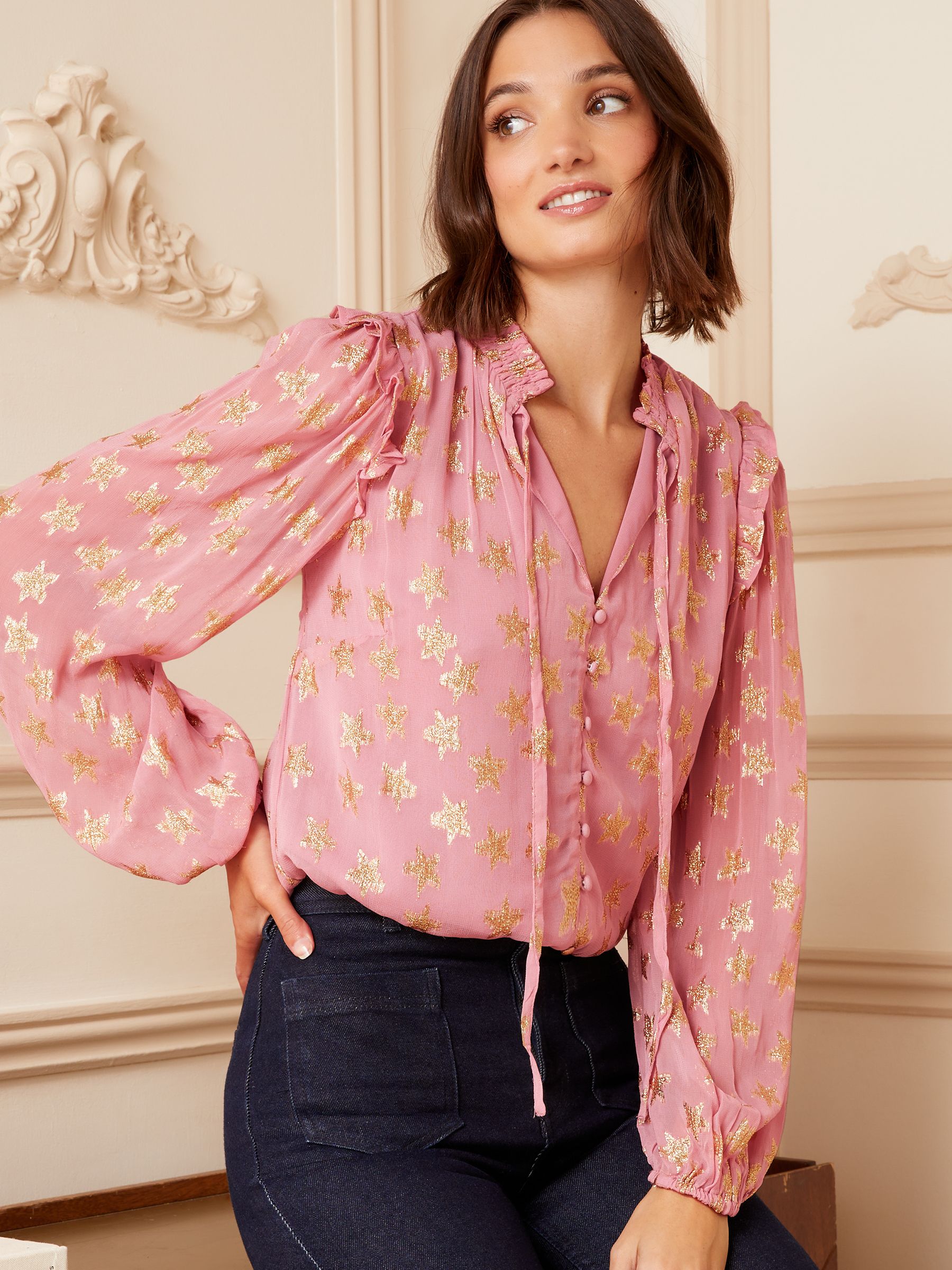 Buy Love & Roses Pink Star Metallic Ruffle Sheer Tie Neck
