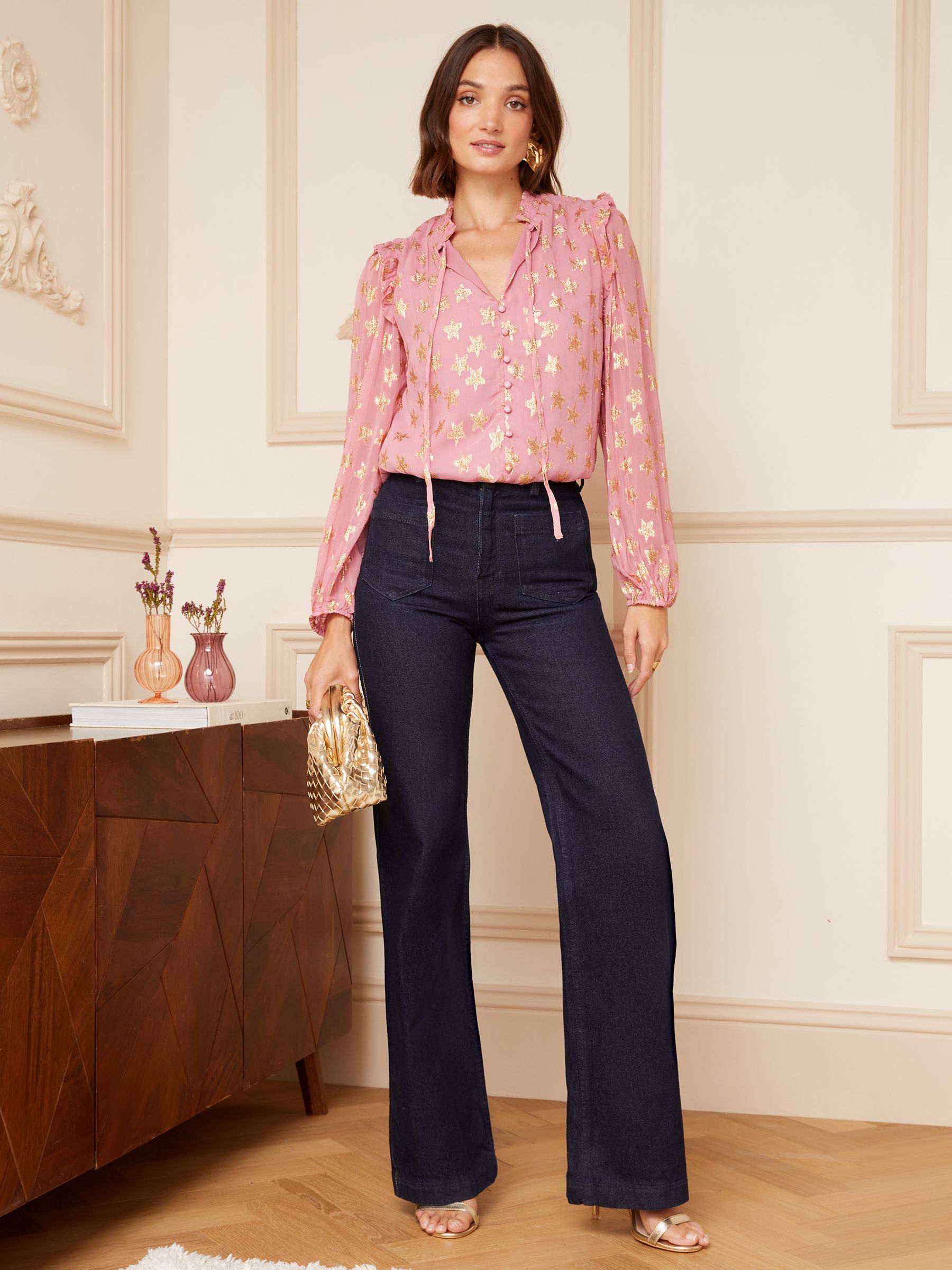 Buy Love & Roses Pink Star Metallic Ruffle Sheer Tie Neck