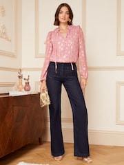 Love & Roses Pink Star Metallic Ruffle Sheer Tie Neck Long Sleeve Blouse - Image 4 of 4