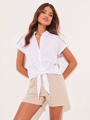 Lipsy White Short Sleeved Tie Front Button Up Shirt - Image 1 of 4