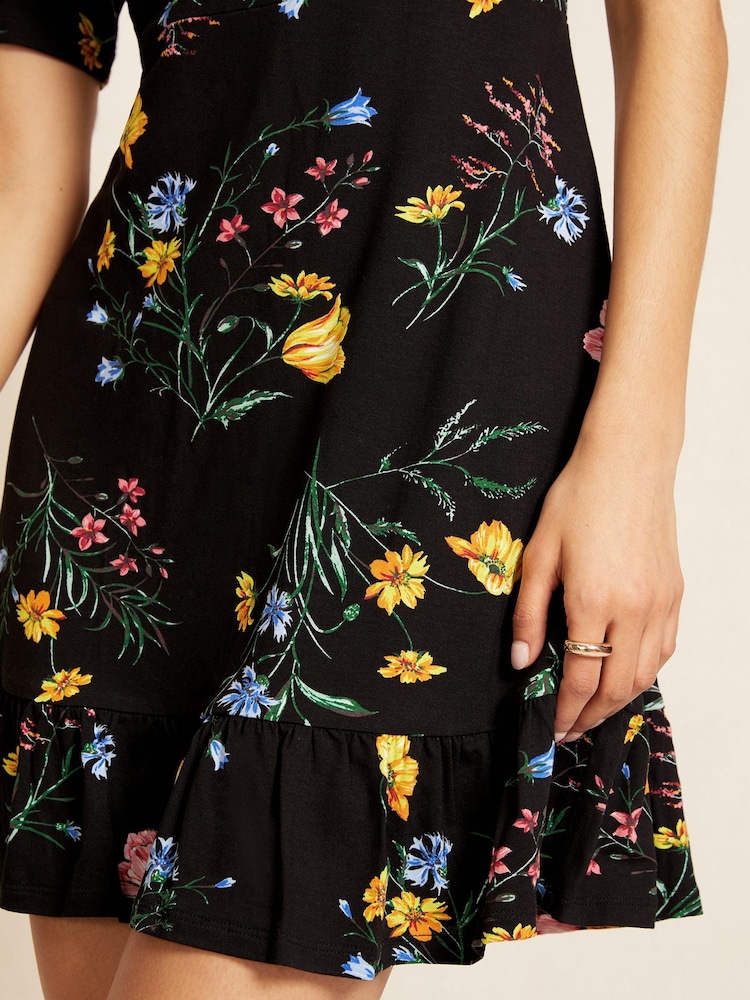 Friends Like These Black Ditsy Petite Short Sleeve Round Neck Ruffle Hem Mini Dress - Image 4 of 4