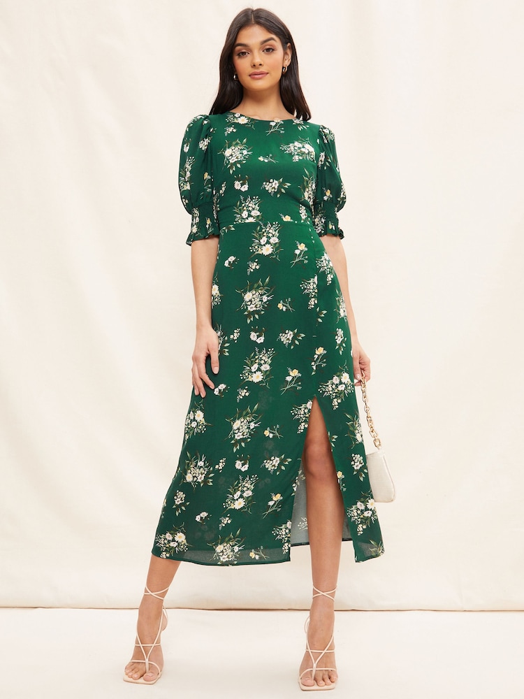 Friends Like These Green Puff Sleeve Split Midi Dress - Image 1 of 4 Friends Like These Green Puff Sleeve Split Midi Dress - Image 1 of 4