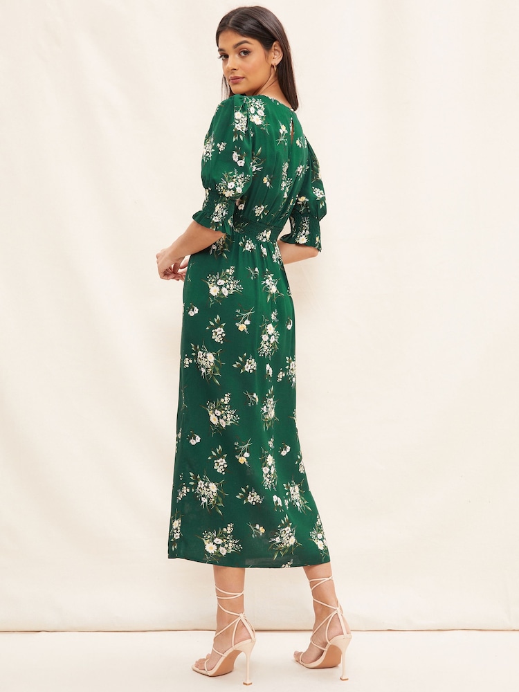 Friends Like These Green Puff Sleeve Split Midi Dress - Image 2 of 4 Friends Like These Green Puff Sleeve Split Midi Dress - Image 2 of 4