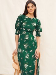 Friends Like These Green Puff Sleeve Split Midi Dress - Image 4 of 4