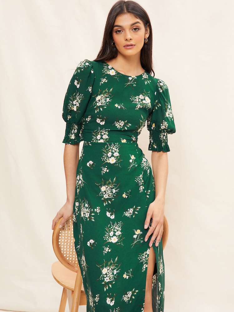 Friends Like These Green Puff Sleeve Split Midi Dress - Image 4 of 4 Friends Like These Green Puff Sleeve Split Midi Dress - Image 4 of 4