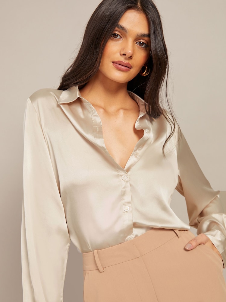 Friends Like These Champagne Gold Satin Button Through Shirt - Image 1 of 4