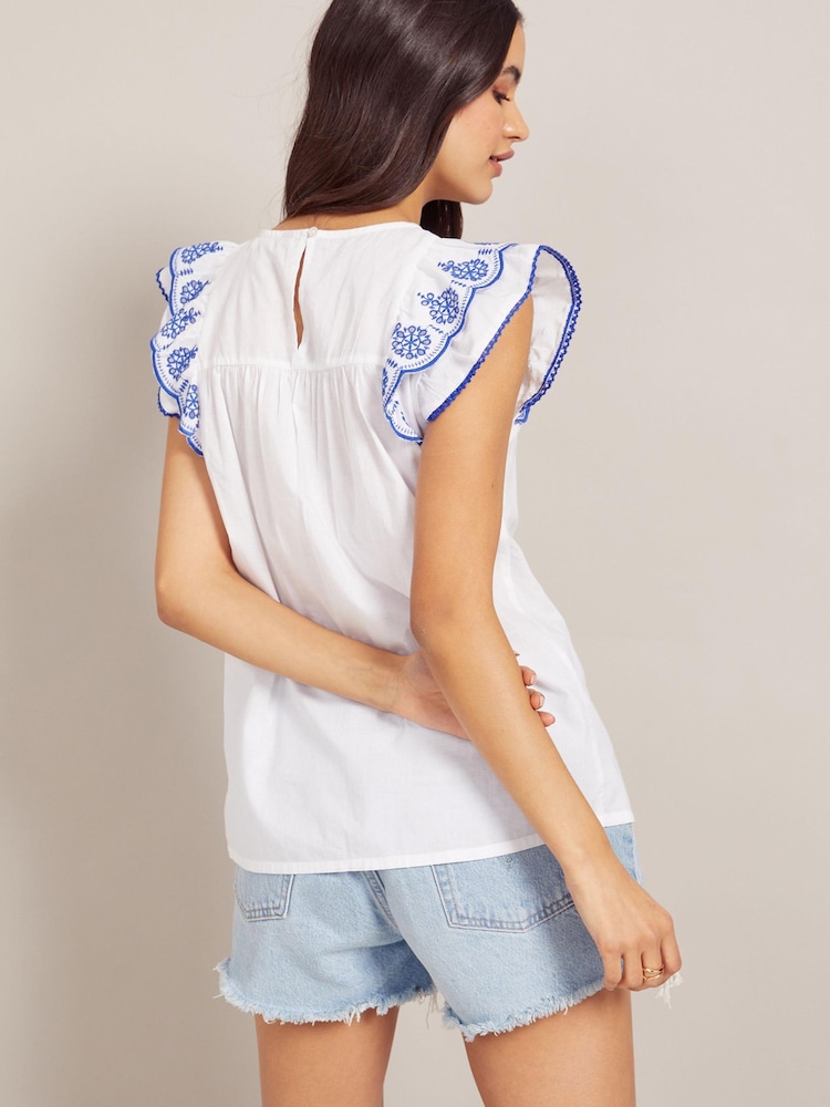 Friends Like These Blue Ruffle Sleeveless Broderie Round Neck Top - Image 2 of 4