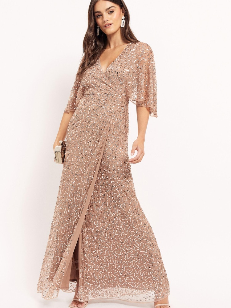 Maya Rose Gold Pink Premium All Over Sequin Wrap Maxi Dress with Satin Waistband - Image 3 of 4