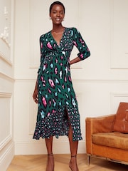 Love & Roses Green Animal Petite V Neck Twist Front Long Sleeve Midi Dress - Image 1 of 4