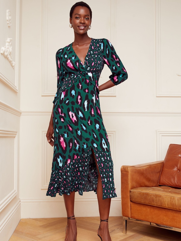 Love & Roses Green Animal Petite V Neck Twist Front Long Sleeve Midi Dress - Image 1 of 4
