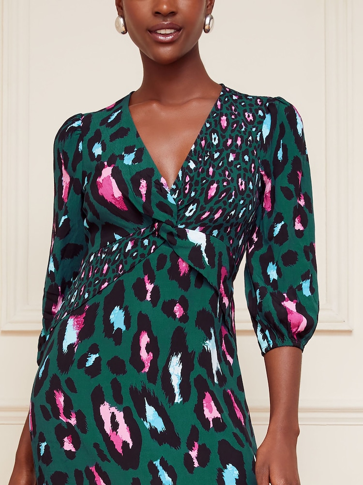 Love & Roses Green Animal Petite V Neck Twist Front Long Sleeve Midi Dress - Image 2 of 4