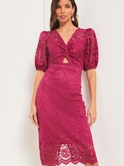 Lipsy Pink Lace Puff Sleeve Cut Out Midi Dress - Image 1 of 4
