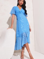 Lipsy Blue Flutter Sleeve Knot Front V Neck Metallic Midi Dress - Image 1 of 4