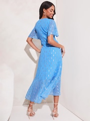 Lipsy Blue Flutter Sleeve Knot Front V Neck Metallic Midi Dress - Image 2 of 4
