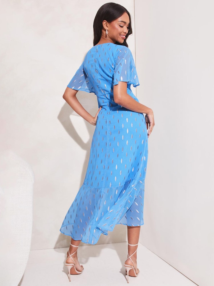 Lipsy Blue Flutter Sleeve Knot Front V Neck Metallic Midi Dress - Image 2 of 4
