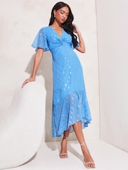 Lipsy Blue Flutter Sleeve Knot Front V Neck Metallic Midi Dress - Image 3 of 4