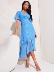 Lipsy Blue Flutter Sleeve Knot Front V Neck Metallic Midi Dress - Image 4 of 4