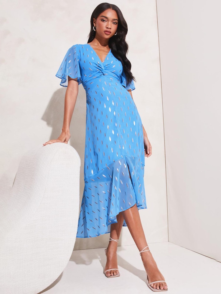 Lipsy Blue Flutter Sleeve Knot Front V Neck Metallic Midi Dress - Image 4 of 4