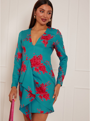 Chi Chi London Teal Blue & Red Long Sleeve Floral Printed Mini Dress - Image 4 of 5