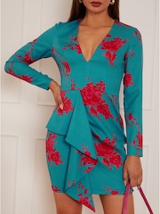 Chi Chi London Teal Blue & Red Long Sleeve Floral Printed Mini Dress - Image 5 of 5