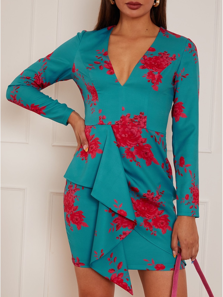 Chi Chi London Teal Blue & Red Long Sleeve Floral Printed Mini Dress - Image 5 of 5
