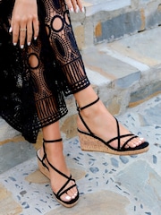 Linzi Black Aminah Strappy Wedge Sandal With Wrap Around Ankle Strap - Image 1 of 4