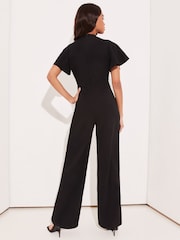 Lipsy Black Flutter Sleeve V Neck Tie Front Wide Leg Jumpsuit - Image 2 of 4