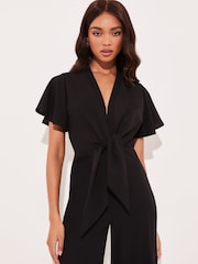 Lipsy Black Flutter Sleeve V Neck Tie Front Wide Leg Jumpsuit - Image 4 of 4