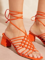 Love & Roses Orange Block Heeled Strappy Ankle Tie Low Sandals - Image 1 of 4