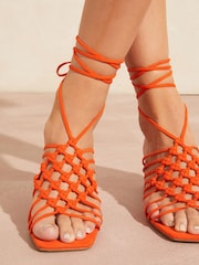 Love & Roses Orange Block Heeled Strappy Ankle Tie Low Sandals - Image 4 of 4