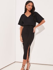 Lipsy Black V Neck Flutter Sleeve Belted Midi Dress - Image 1 of 4