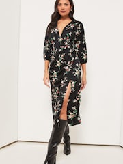Lipsy Black Floral Petite Jersey Long Sleeved Channelled Waist Midi Dress - Image 1 of 4