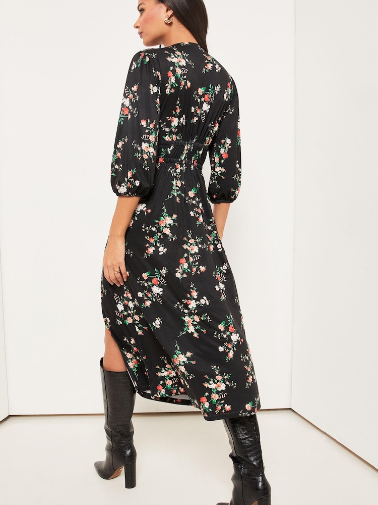 Lipsy Black Floral Petite Jersey Long Sleeved Channelled Waist Midi Dress - Image 2 of 4
