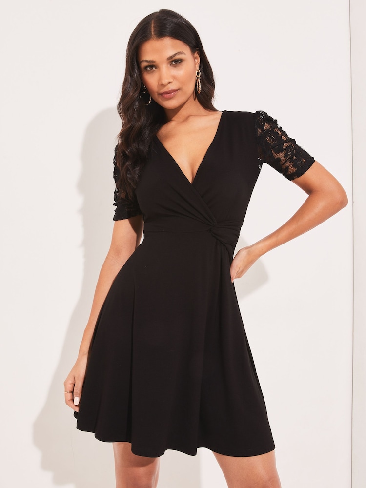 Lipsy Black Lace Petite Jersey Knot Front Mini Skater Dress - Image 1 of 4