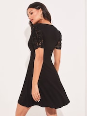 Lipsy Black Lace Petite Jersey Knot Front Mini Skater Dress - Image 2 of 4