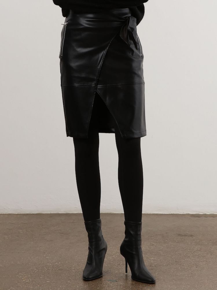 Religion Black Faux Leather Midi Wrap Skirt With Zip Pockets - Image 2 of 5