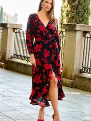 Sosandar Red Flower. Ruffle Wrap Dress - Image 1 of 5