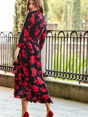 Sosandar Red Flower. Ruffle Wrap Dress - Image 3 of 5