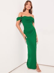 Lipsy Green Bardot Split Drape Maxi Dress - Image 1 of 4