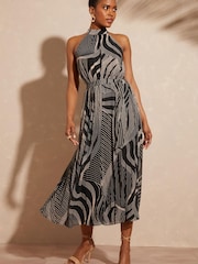 Love & Roses Black Linear Printed Halter Pleated Belted Midi Dress - Image 1 of 4