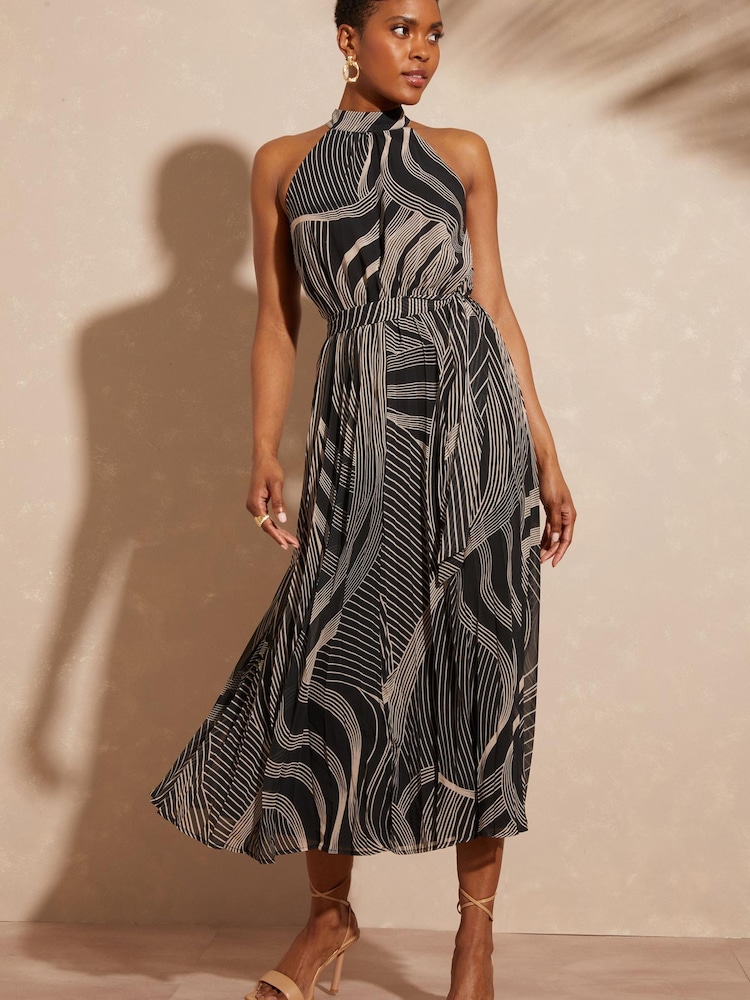 Love & Roses Black Linear Printed Halter Pleated Belted Midi Dress - Image 1 of 4