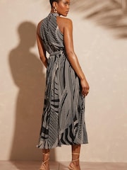 Love & Roses Black Linear Printed Halter Pleated Belted Midi Dress - Image 2 of 4
