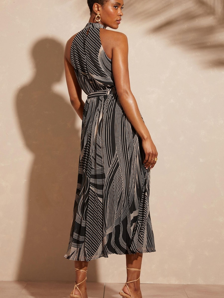 Love & Roses Black Linear Printed Halter Pleated Belted Midi Dress - Image 2 of 4
