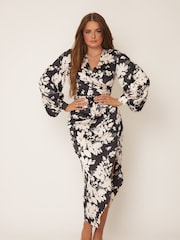 Girl In Mind Monochrome Floral Petite Elsa Long Sleeve Wrap Asymmetric Dress - Image 1 of 6