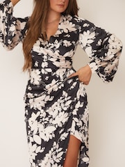 Girl In Mind Monochrome Floral Petite Elsa Long Sleeve Wrap Asymmetric Dress - Image 6 of 6