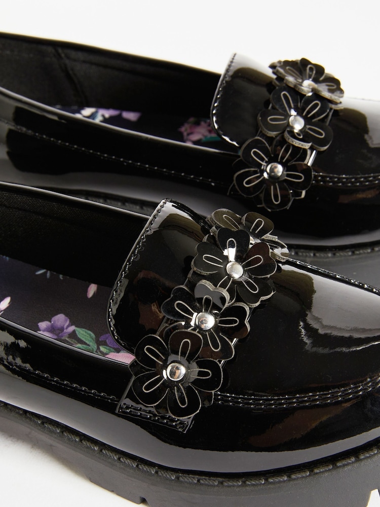 Lipsy Black Flower Slip On Loafer School Shoe - Image 7 of 7