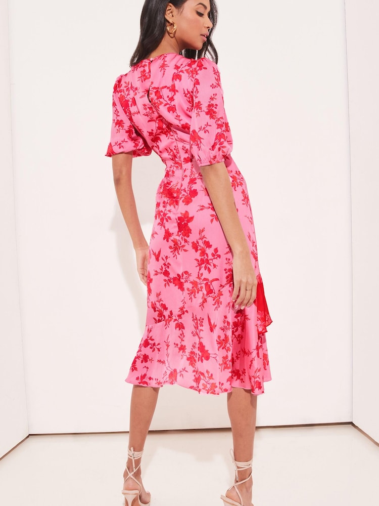 Lipsy Pink Cut Out Ruffle Puff Sleeve Midi Dress - Image 2 of 4