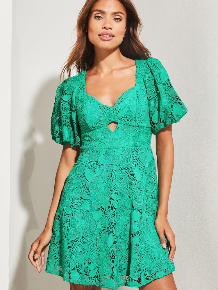 Lipsy Green Lace Sweetheart Puff Sleeve Mini Skater Dress - Image 1 of 4 Lipsy Green Lace Sweetheart Puff Sleeve Mini Skater Dress - Image 1 of 4
