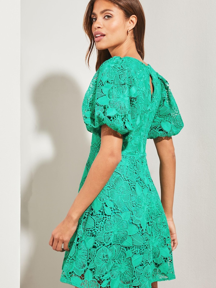 Lipsy Green Lace Sweetheart Puff Sleeve Mini Skater Dress - Image 2 of 4 Lipsy Green Lace Sweetheart Puff Sleeve Mini Skater Dress - Image 2 of 4