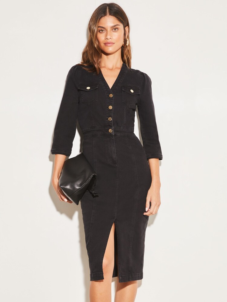 Lipsy Black Half Placket Denim Midi Dress - Image 1 of 4